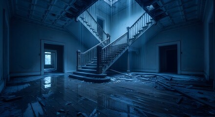 Eerie abandoned building interior featuring decaying staircase, flooded floor, and dramatic lighting perfect for horror films and suspenseful thrillers
