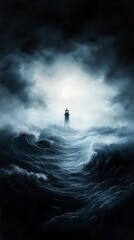 Fototapeta premium A solitary lighthouse stands against a backdrop of a moonlit sky and turbulent, dark ocean waves. The scene evokes a sense of isolation and the power of nature.