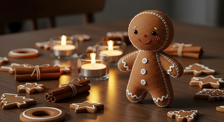 Festive Gingerbread Man with Christmas Cookies and Candles on a Wooden Table