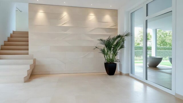 Minimalist modern foyer with textured wall paneling, floating staircase and potted plant bathing