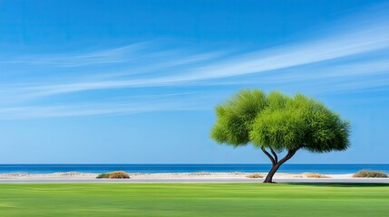 A vibrant green tree stands alone on a lush green lawn, with the blue ocean and a bright blue sky with wispy clouds in the background. The scene is serene and b