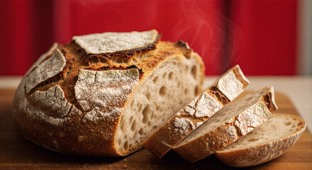 bread, loaf, homemade bread close up, freshly baked sourdough bread sliced, artisan bread loaf on wooden board, traditional sourdough with crust texture