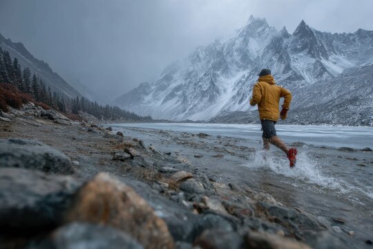 Man in orange jacket runs along icy lake shore beneath snow covered mountains in a storm
