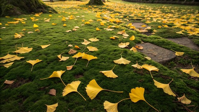Golden ginkgo leaves create a beautiful autumn carpet on lush green moss, signaling the changing seasons in a serene garden landscape