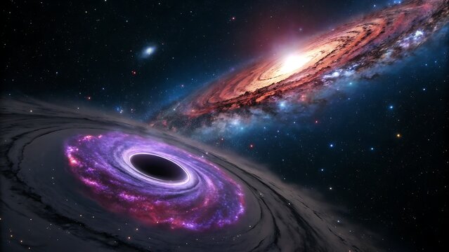 A dramatic cosmic scene featuring a powerful black hole with a glowing purple accretion disk, set against a majestic spiral galaxy and a field of distant stars