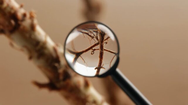 Scientific observation of a tree branch with a magnifying glass.