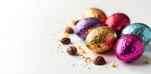 Colorful foil-wrapped chocolate Easter eggs on white , dessert, bunny