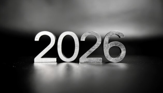 Metallic "2026" on black, shiny surface