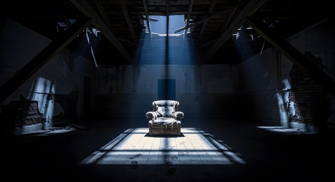 Eerie attic scene with dramatic light shining on vintage armchair, perfect for mystery novels or haunted house themes, creating a spooky atmosphere