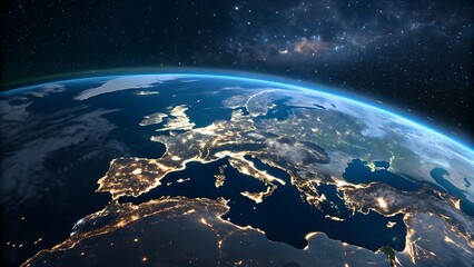 Stunning view of planet earth from space at night, showcasing the illuminated cities and countries of europe against a starry cosmic background