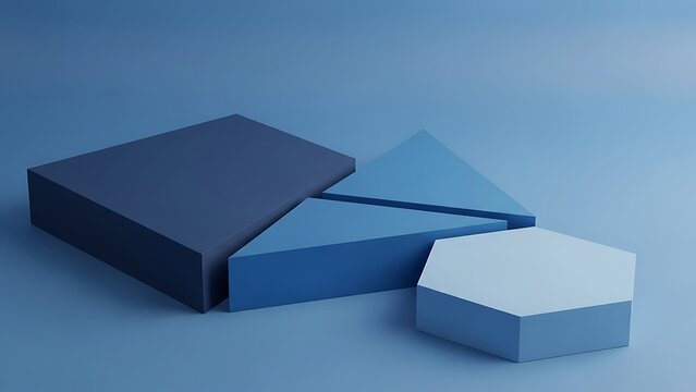 Geometric shapes arrangement in various shades of blue on a blue background