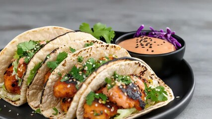 Crispy fried shrimp taco with cilantro sesame and spicy sauce in soft tortilla delight