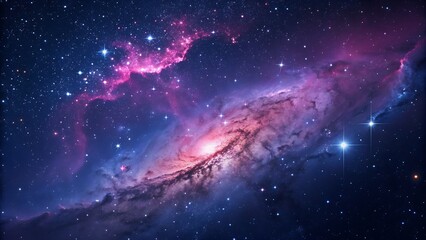 A captivating cosmic landscape featuring a vibrant spiral galaxy with glowing pink and purple nebulae, surrounded by countless twinkling stars