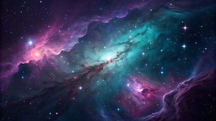 A vibrant cosmic nebula glows with brilliant pink, purple, and teal colors, illuminated by countless stars, showcasing a stunning celestial view