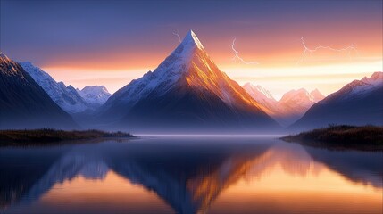 A dramatic landscape featuring a snow-capped mountain peak illuminated by a golden sunset, reflected in a still lake. Lightning streaks across the colorful sky