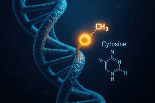 Fascinating DNA double helix macro shot with glowing methyl group attaching to cytosine. This high detail scientific molecular biology infographic shows cool blue process