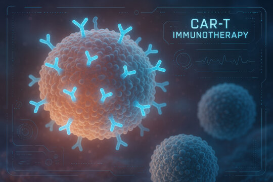 Hopeful CAR T immunotherapy visualization of engineered cell therapy for cancer treatment. futuristic medical technology showing progress in advanced oncology research