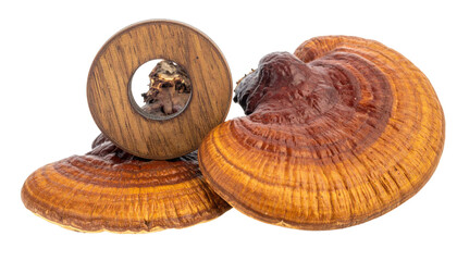 Polished red reishi mushrooms, with wood ornament