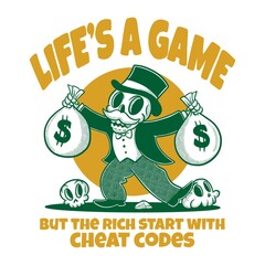 Fototapeta premium life's a game with skull character holding money bag vintage illustration design 