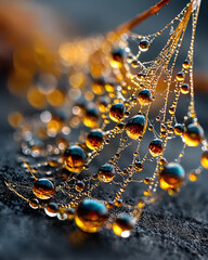 Macro Photography of a Spider Web Covered in Dew Drops Reflecting Warm Sunlight, Capturing Intricate Details
