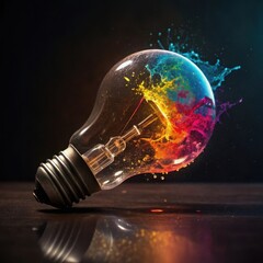 Explosion of color inside a lightbulb symbolizing creativity innovation and bright ideas