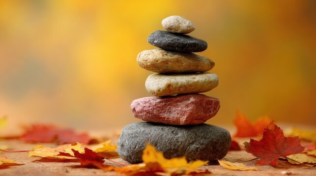 Five smooth stones are carefully stacked on top of each other surrounded by vibrant autumn leaves. The warm colors of fall create a serene atmosphere.