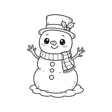 Cute snowman line drawing with a top hat and a scarf, holiday season