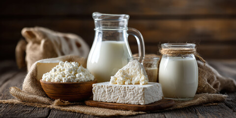 Fresh cottage cheese milk dairy products depicting natural farm food arrangement with wooden textures and warm rustic atmosphere suitable for commercial and editorial use