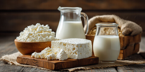 Fresh cottage cheese milk dairy products depicting natural farm food arrangement with wooden textures and warm rustic atmosphere suitable for commercial and editorial use