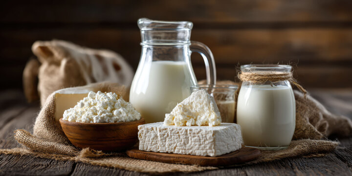 Fresh cottage cheese milk dairy products depicting natural farm food arrangement with wooden textures and warm rustic atmosphere suitable for commercial and editorial use