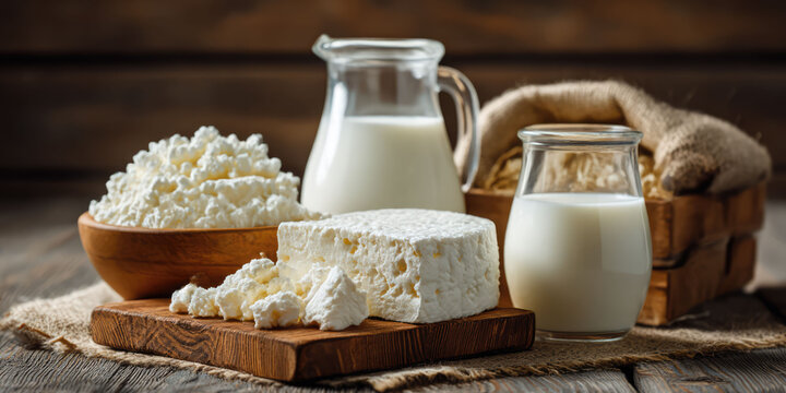 Fresh cottage cheese milk dairy products depicting natural farm food arrangement with wooden textures and warm rustic atmosphere suitable for commercial and editorial use