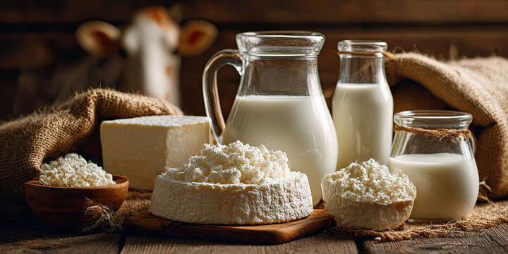 Fresh cottage cheese milk dairy products depicting natural farm food arrangement with wooden textures and warm rustic atmosphere suitable for commercial and editorial use