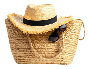 Woven bag with hat and sunglasses