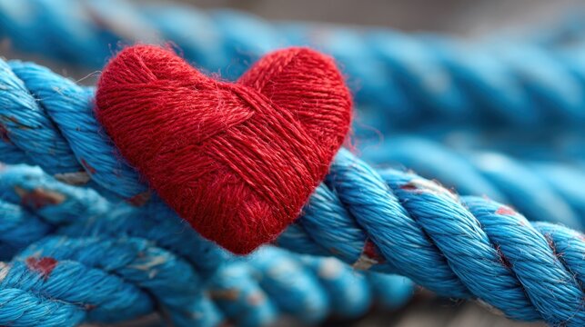 A knitted red heart sits atop thick blue ropes creating a striking contrast. This scene conveys feelings of warmth and affection perfect for showcasing love's simplicity amidst everyday life.