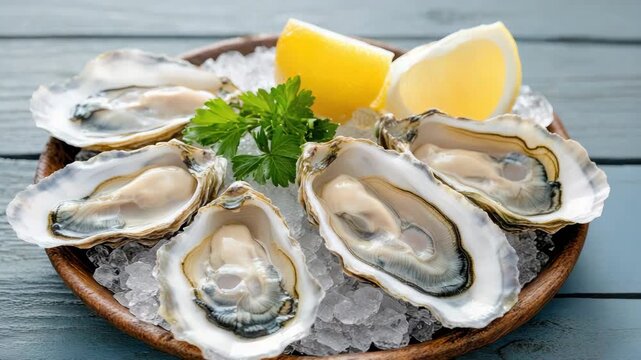 Fresh oyster ice with lemon wedge and parsley garnish seafood shell platter chilled oyster ice
