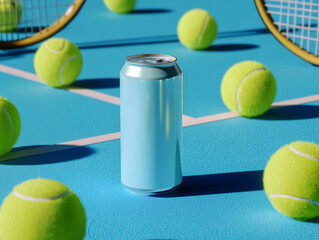 tennis racket and ball and Blue aluminum can