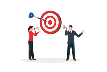 Business people speak on megaphone the same target, effective communication for team success and achieve goal, meeting or discussion to speak the same goal, communicate important purpose vector