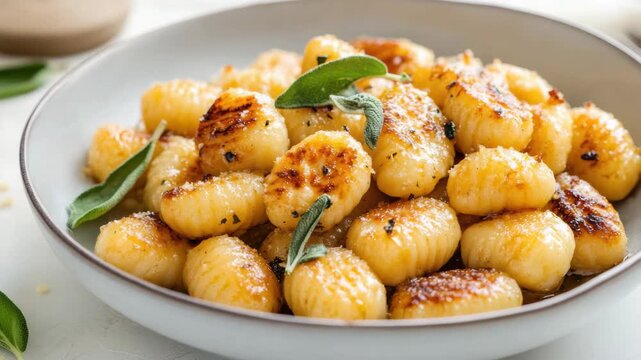 Pan fried gnocchi potato gnocchi with golden crispy butter sear sage grated cheese