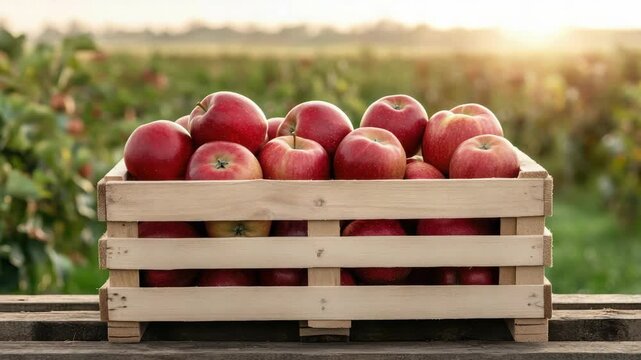 Ripe red apples wooden crate orchard harvest golden hour sunlight fruit apple crate orchard harvest
