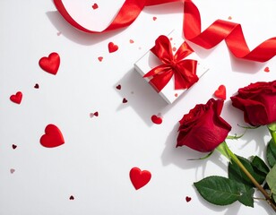 Romantic Valentine Flatlay with Red Roses and Gift Box