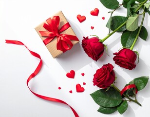 Romantic Valentine Flatlay with Red Roses and Gift Box
