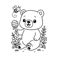 Cute bear cub with honey dipper and bee, line art coloring page © DzgnVibe