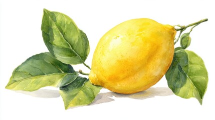 A bright yellow lemon sits gracefully on green leaves highlighting its smooth texture and vivid color. This arrangement captures the freshness of nature in a simplistic style.