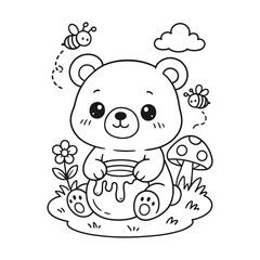 Cute sun bear cub holding a honeycomb in the garden with bees © DzgnVibe