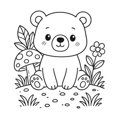 Obraz premium cute cartoon bear sitting in a forest with mushrooms and flowers illustration