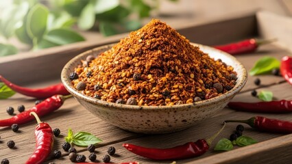 Bowl of red chili flakes with fresh peppers and peppercorns on wood