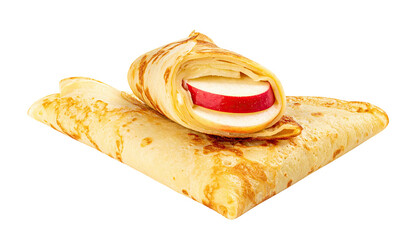 Folded pancake with apple slice, isolated on black