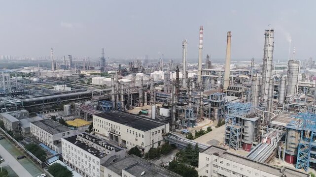 Large Industrial Refinery Factory Complex with Distillation Equipment Aerial View