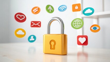 Cybersecurity Minimal 3D Digital padlock surrounded by colorful social media icons representing online security and privacy.
