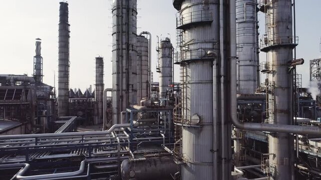 Industrial Manufacturing Factory with Large Metal Tanks and Pipeline Equipment
